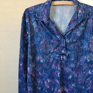 Vintage 70s Groovy Poly Flowy Top Abstract Blue Melting Paint Design